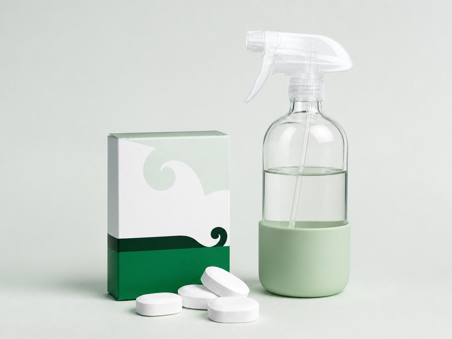 Cleaning tablets and reusable glass spray bottle