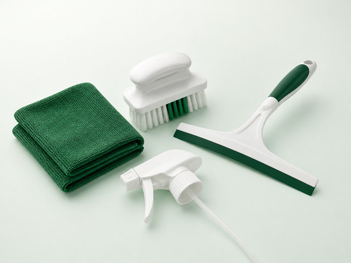 Microfiber cloth, scrub brush, squeegee and spray trigger